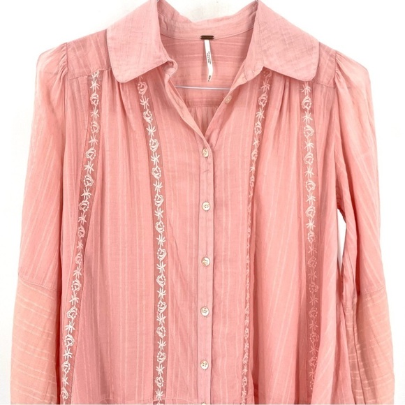 FREE PEOPLE Mikaela Pink Long Sleeve Button-Down Embroidered Tunic Blouse Top - Picture 4 of 7